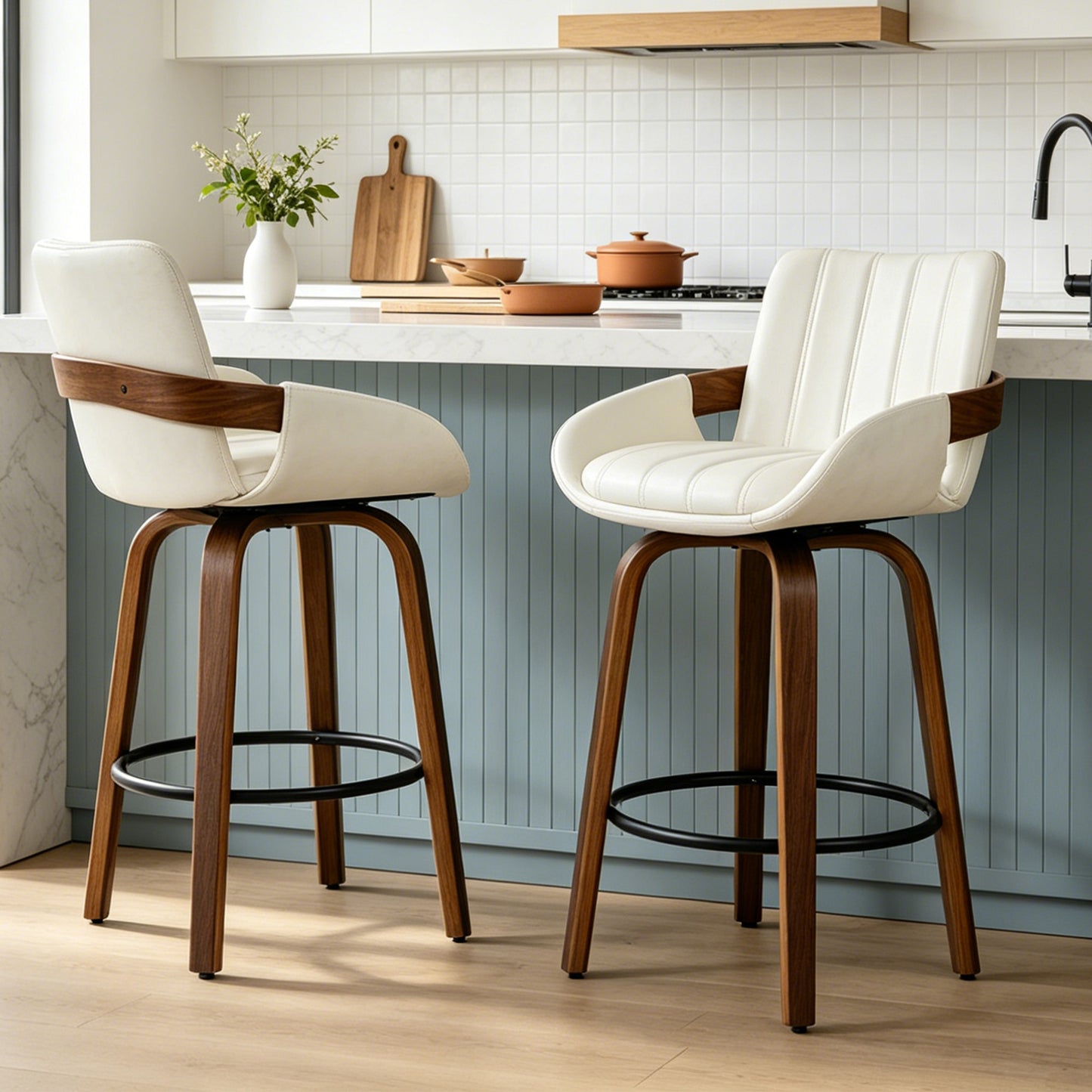ClinQ Counter Height Swivel Bar Stools, Linen Fabric Upholstered 360° Rotating Chairs with Walnut Legs and Metal Footrest,