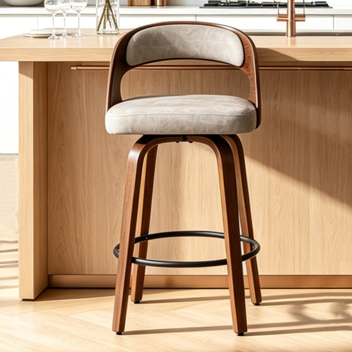 FANCROU Modern 360° Swivel Bar Stools Set of 2, Faux Leather Counter Height Bar Chairs with Backrest and Walnut Wood Legs