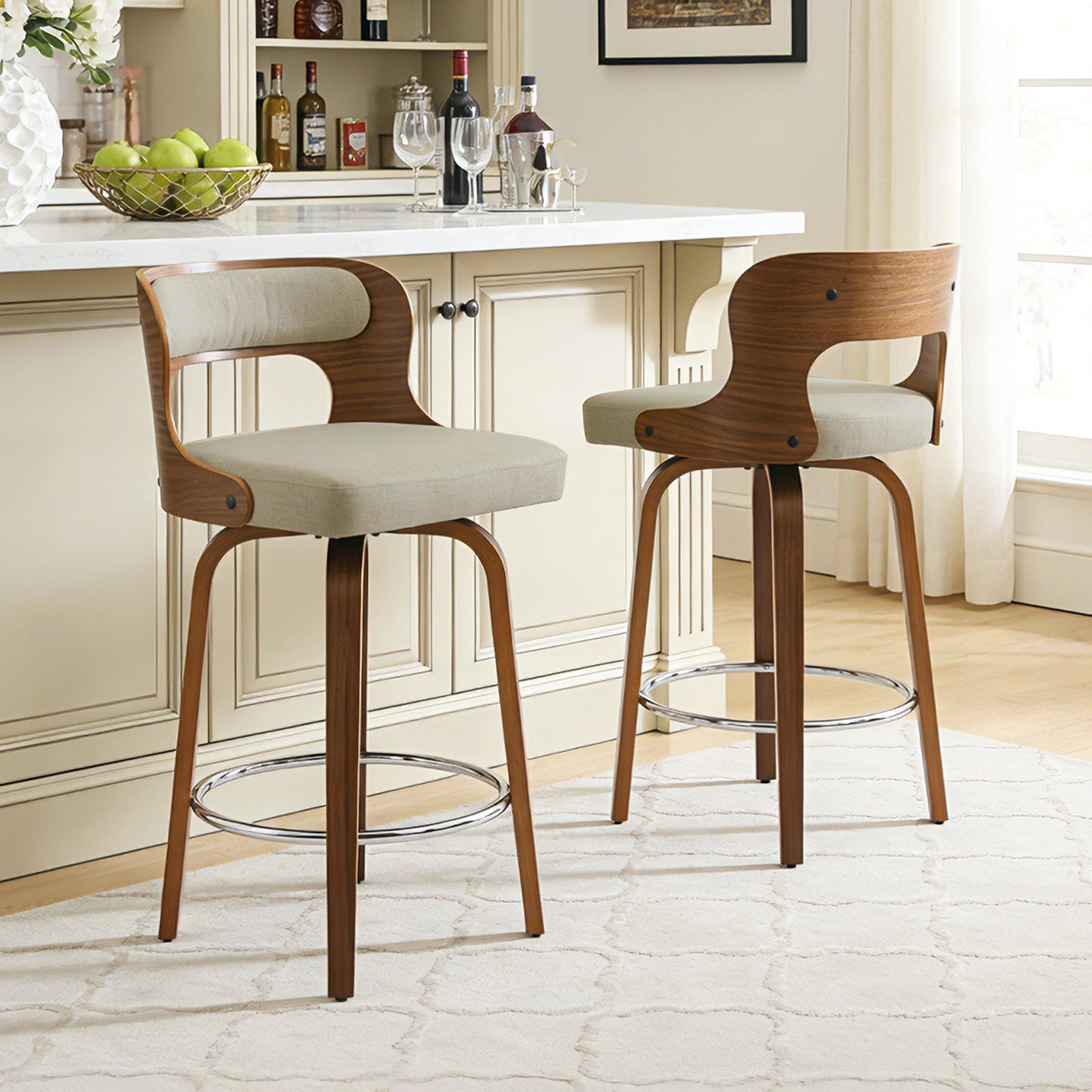 27 inch Swivel Counter Height Bar Stools, PU Leather Seat with Bentwood Legs and Metal Silver Ring for Kitchen Island