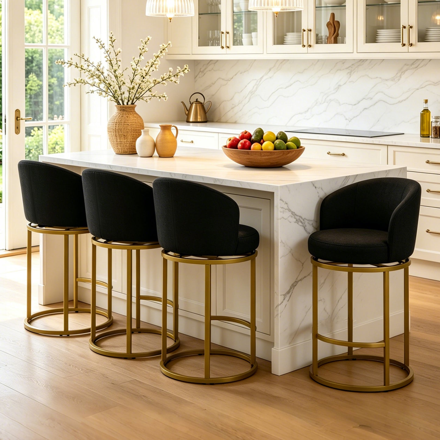 27" Counter Height Bar Stools, Fabric Upholstered Swivel Barrel Bar Chairs with 90° Auto Return and Metal Frame, Black