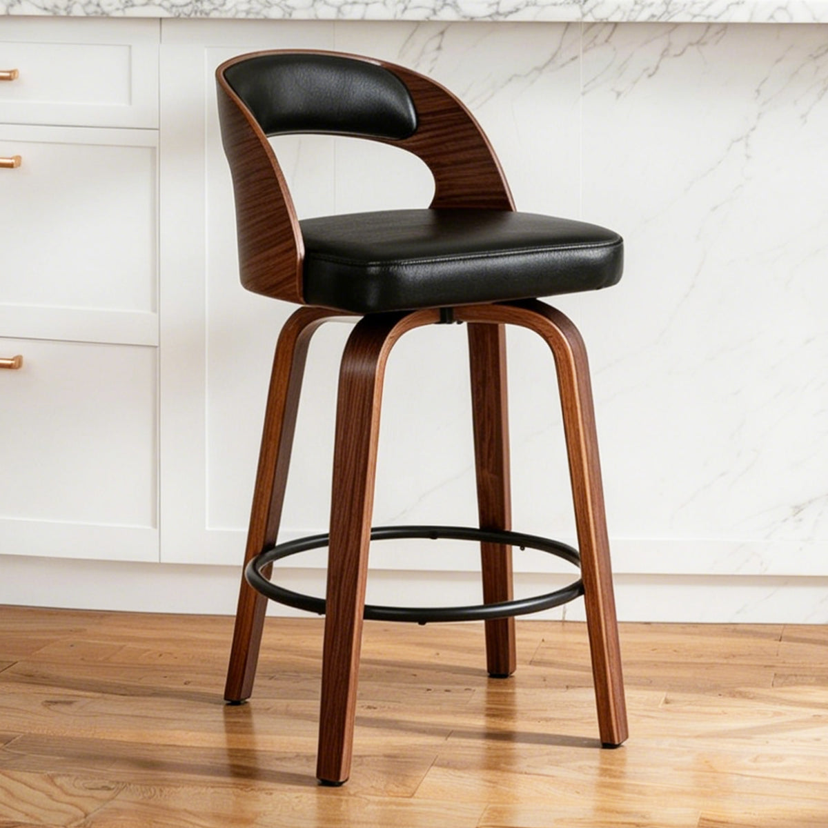 ClinQ Modern Walnut 360° Swivel Bar Stool Set of 3, Counter Height Kitchen Island Chair with Silver Footrest Ring,Upholstered Seat and Open Back