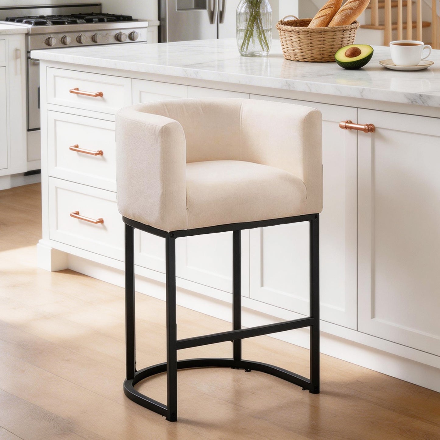 27 in Counter Height Bar Stools, Fabric Upholstered Modern Barrel Accent Stools with Metal Frame