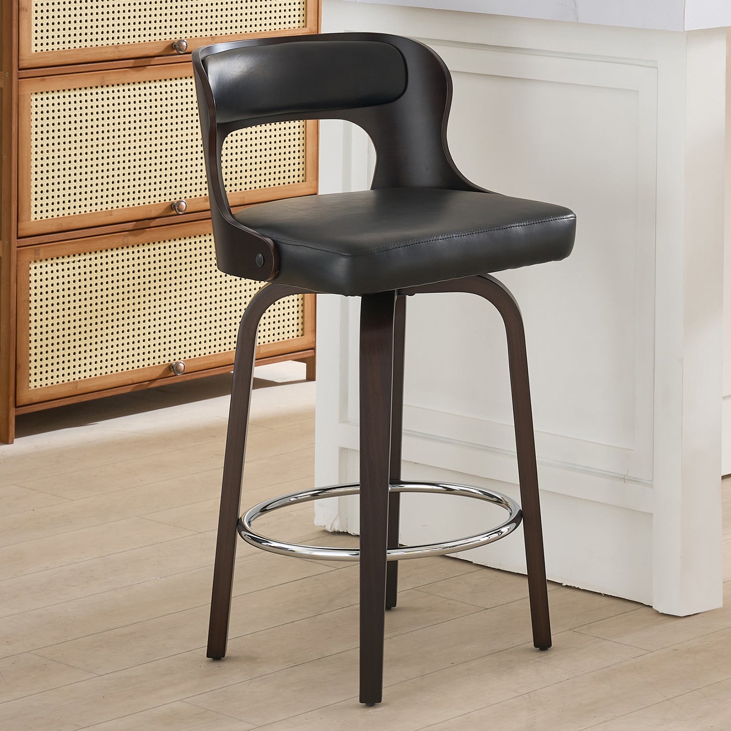 FANCROU 26 inch Swivel Counter Height Bar Stools Set Of 1, PU Leather Seat With Bentwood Back And Legs
