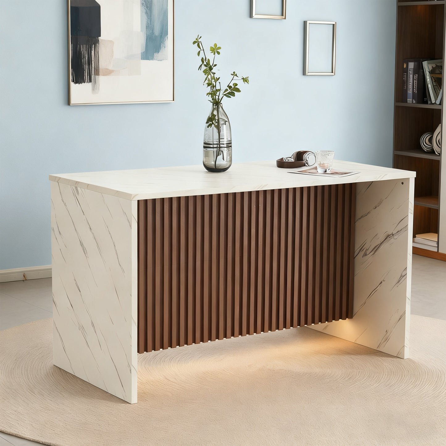 CRERIYO 67" Modern Marble-Look Bar Table with LED Lights, Rectangular Counter Height Design for 4-6 People, Kitchen Dining Room Furniture, White