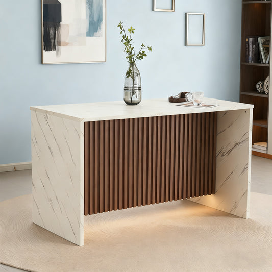 CRERIYO 67" Modern Marble-Look Bar Table with LED Lights, Rectangular Counter Height Design for 4-6 People, Kitchen Dining Room Furniture, White