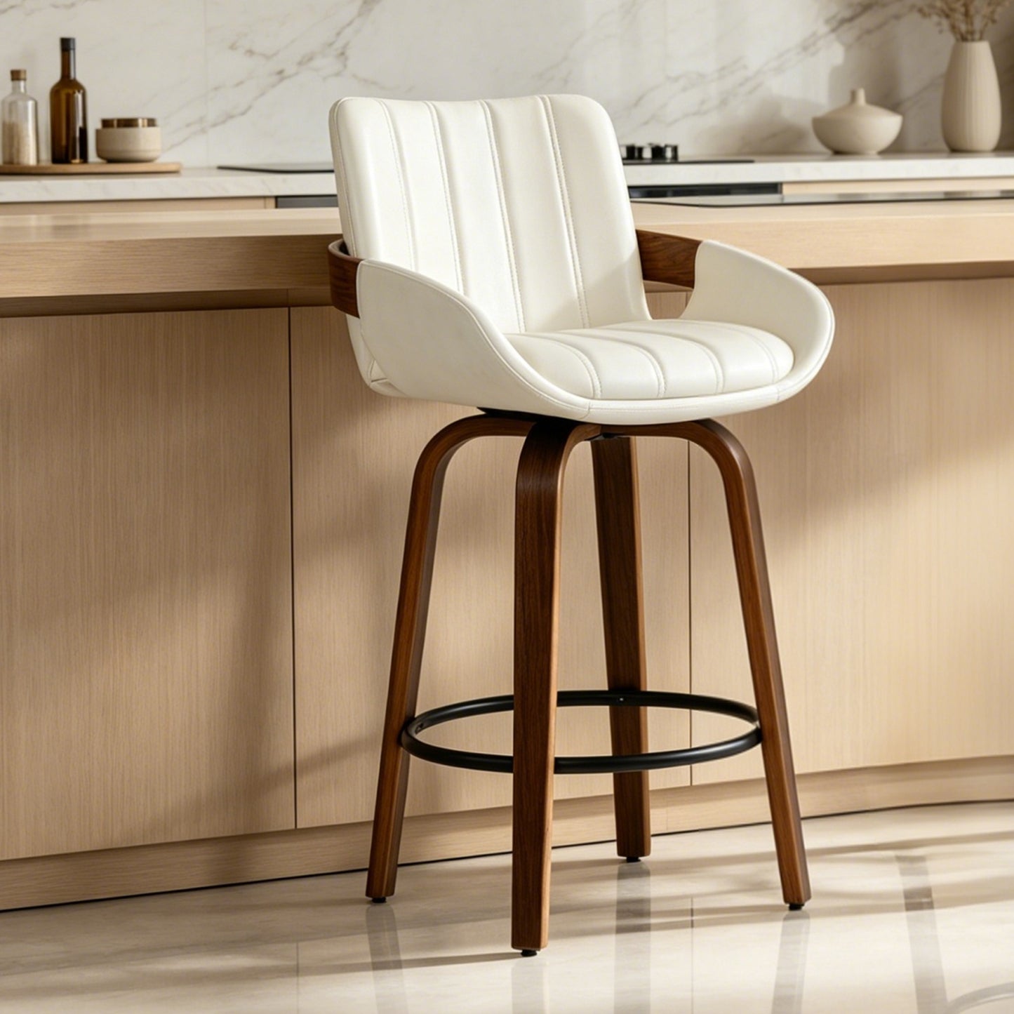 CRERIYO 26" Swivel Counter Height Bar Stools, PU Leather Upholstered Bar Chairs with Black Ring Footrest and Walnut Wood Legs, Beige