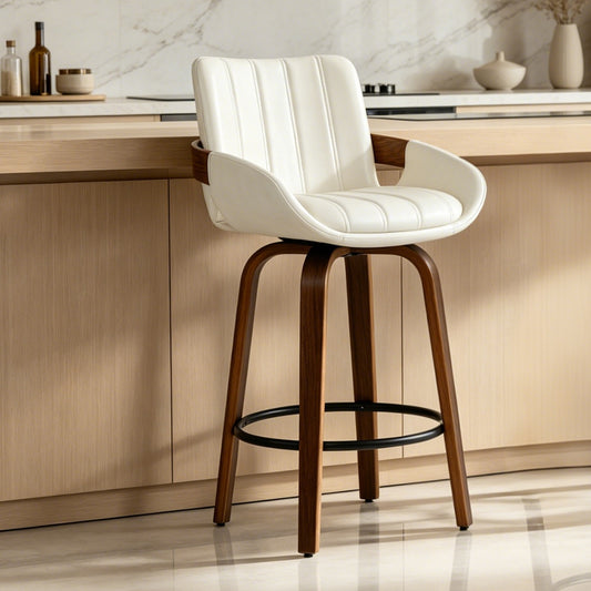 CRERIYO 26" Swivel Counter Height Bar Stools, PU Leather Upholstered Bar Chairs with Black Ring Footrest and Walnut Wood Legs, Beige