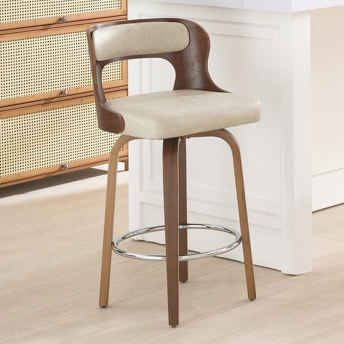 FANCROU 26 inch Swivel Counter Height Bar Stools Set Of 1, PU Leather Seat With Bentwood Back And Legs