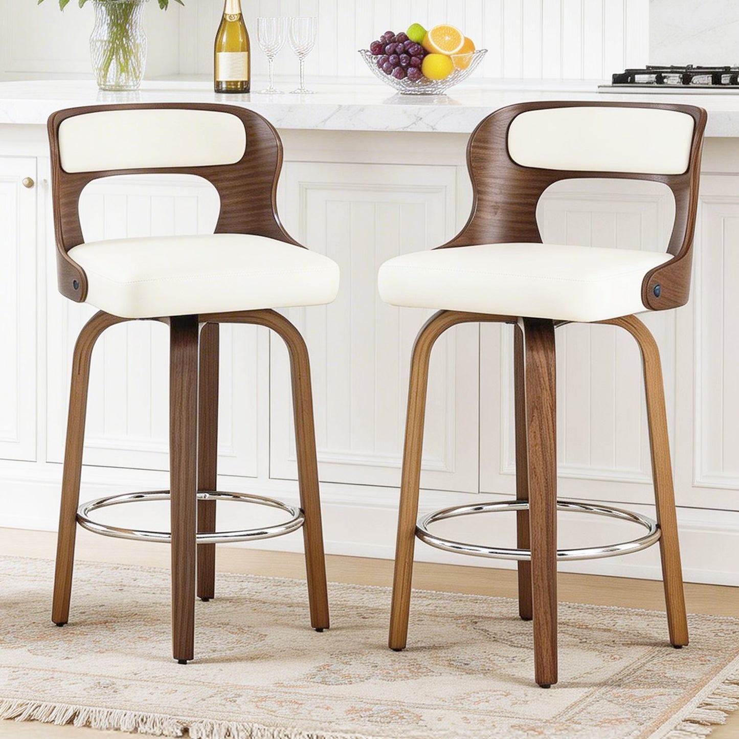 27 inch Swivel Counter Height Bar Stools, PU Leather Seat with Bentwood Legs and Metal Silver Ring for Kitchen Island