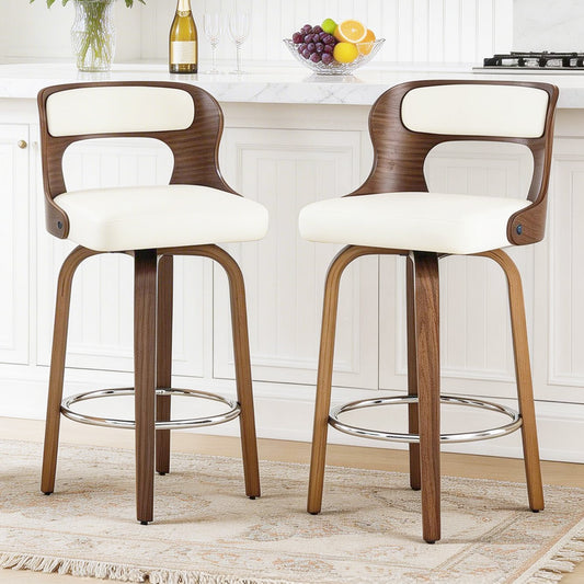 27 inch Swivel Counter Height Bar Stools, PU Leather Seat with Bentwood Legs and Metal Silver Ring for Kitchen Island