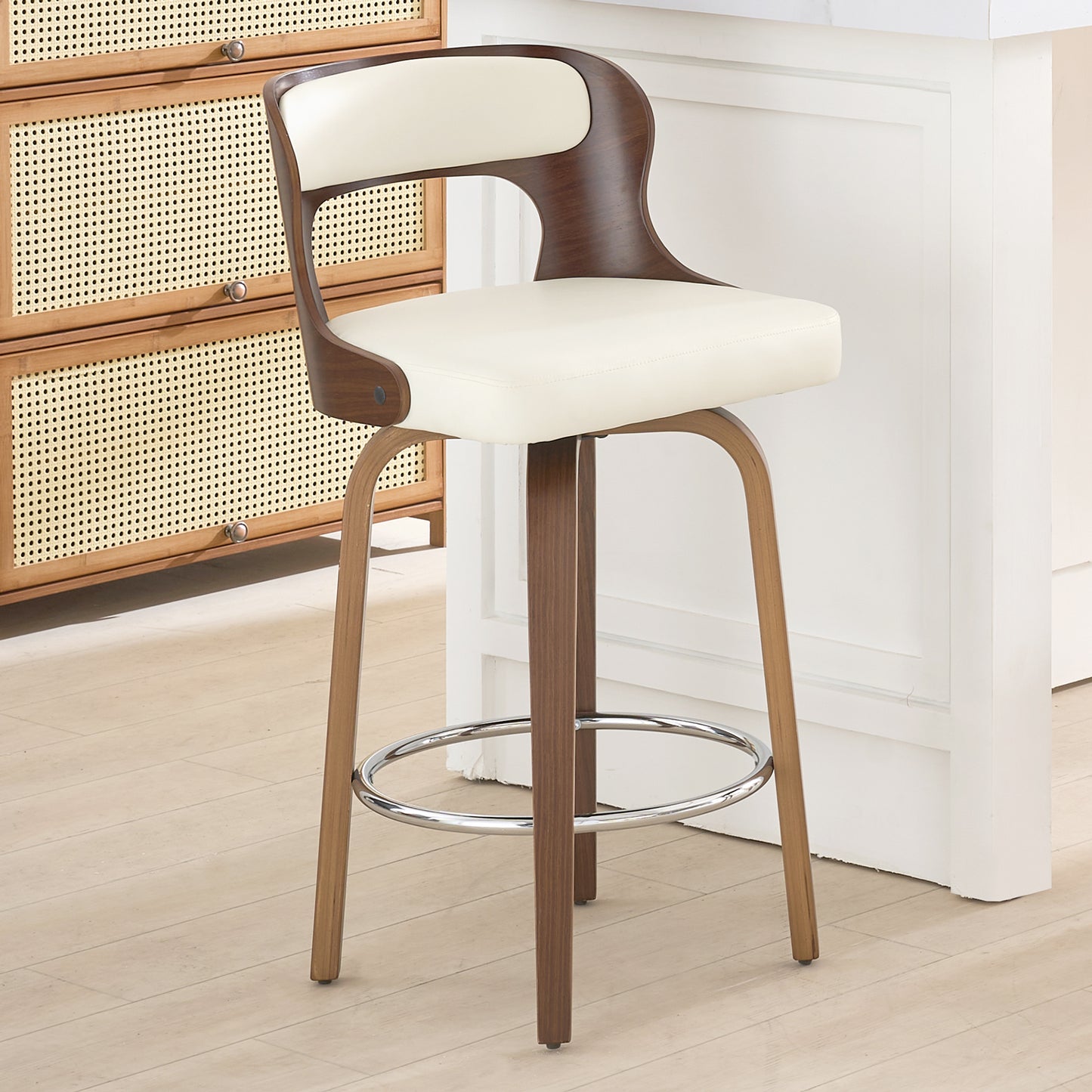 FANCROU 26 inch Swivel Counter Height Bar Stools Set Of 1, PU Leather Seat With Bentwood Back And Legs