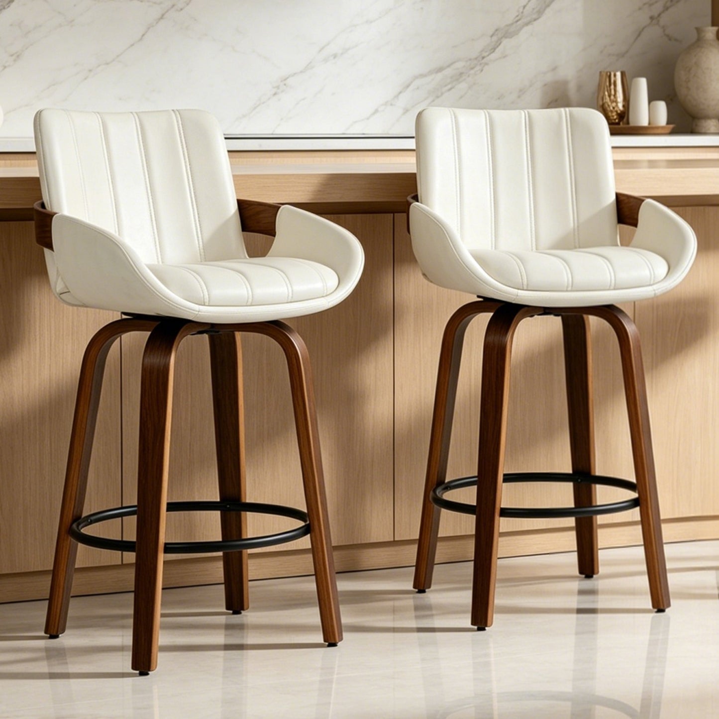 CRERIYO 26" Swivel Counter Height Bar Stools, PU Leather Upholstered Bar Chairs with Black Ring Footrest and Walnut Wood Legs, Beige