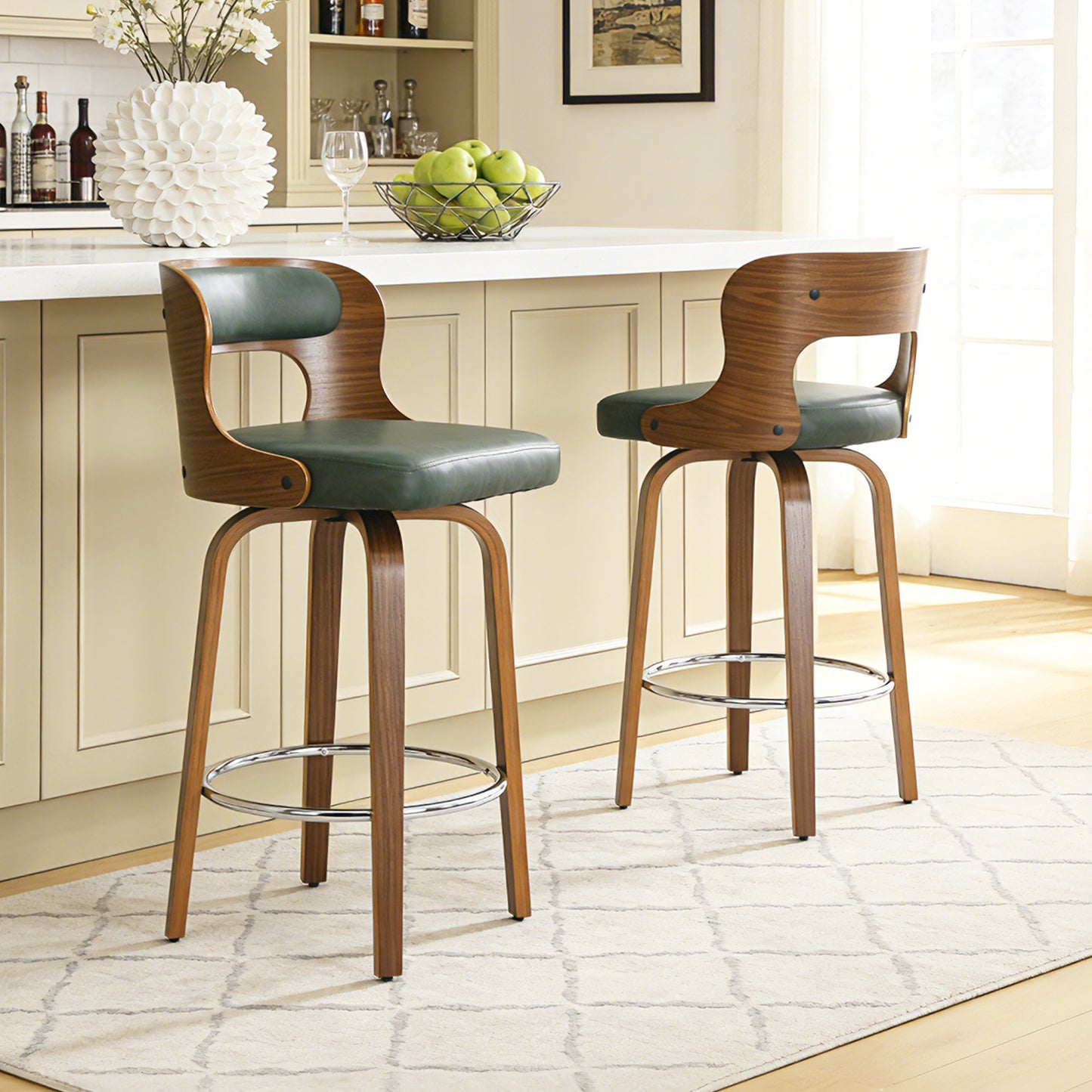 27 inch Swivel Counter Height Bar Stools, PU Leather Seat with Bentwood Legs and Metal Silver Ring for Kitchen Island