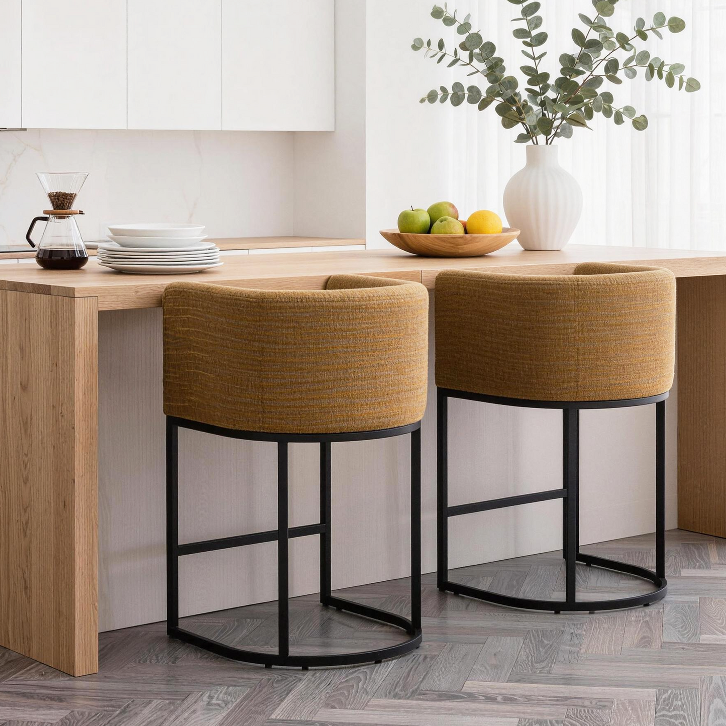 ClinQ Counter Height Bar Stool Set of 2, 26 in Fabric Upholstered Seat, Metal Legs for Indoor Dining Room and Kitchen Island
