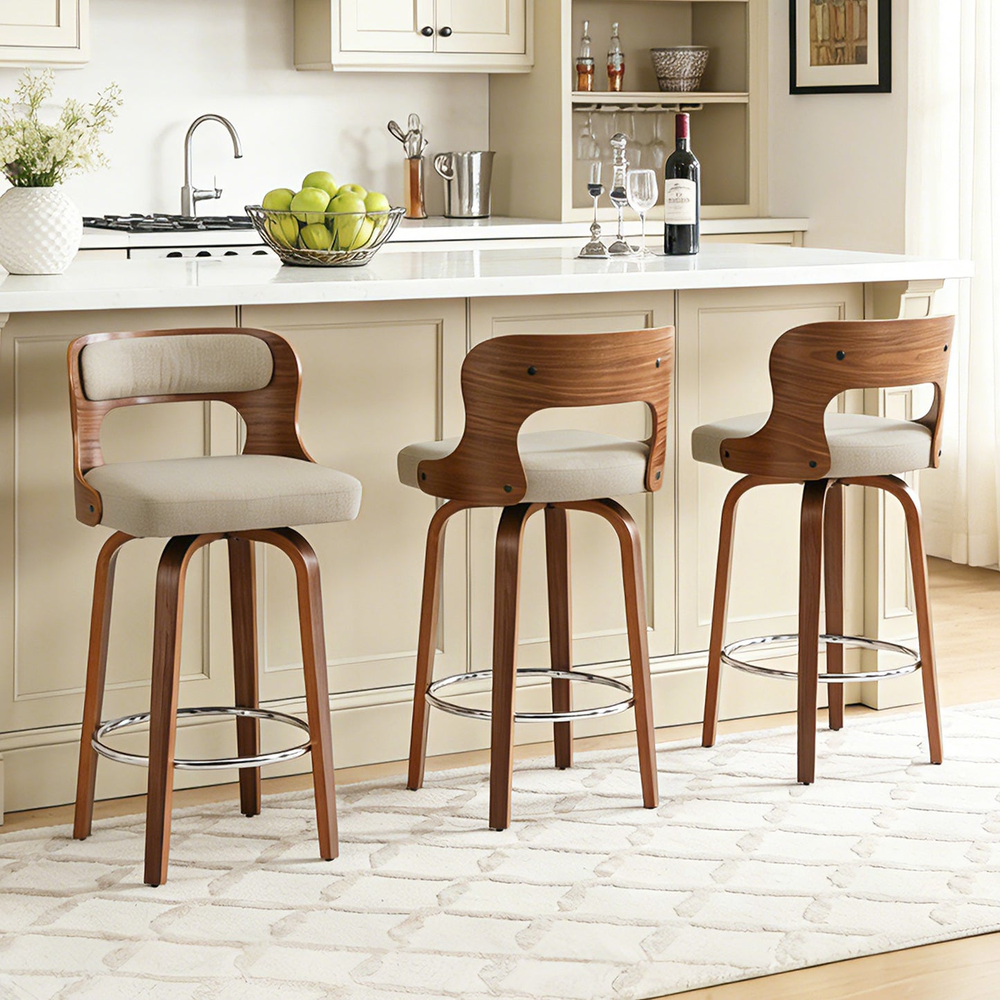 27 inch Swivel Counter Height Bar Stools, PU Leather Seat with Bentwood Legs and Metal Silver Ring for Kitchen Island
