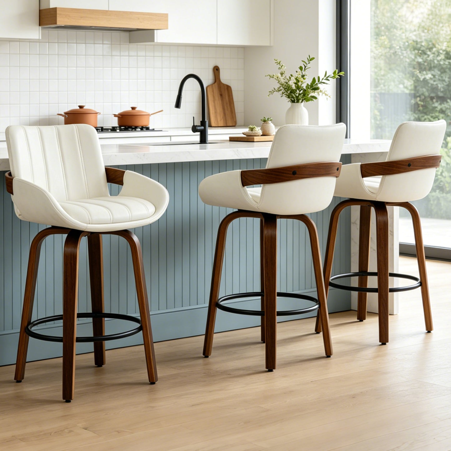 ClinQ Counter Height Swivel Bar Stools, Linen Fabric Upholstered 360° Rotating Chairs with Walnut Legs and Metal Footrest,
