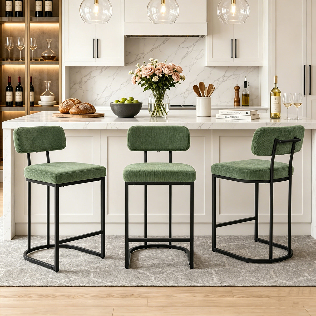 CRERIYO Counter Height Bar Stool Set of 1, Upholstered Kitchen Island Chair with Thick Padded Seats, Backrests and Sturdy Metal Frame