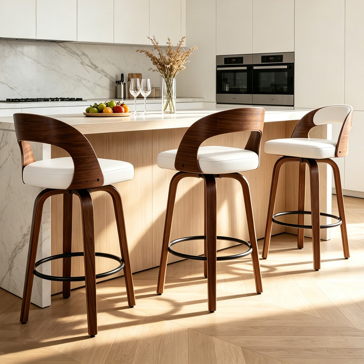 FANCROU Modern 360° Swivel Bar Stools Set of 2, Faux Leather Counter Height Bar Chairs with Backrest and Walnut Wood Legs