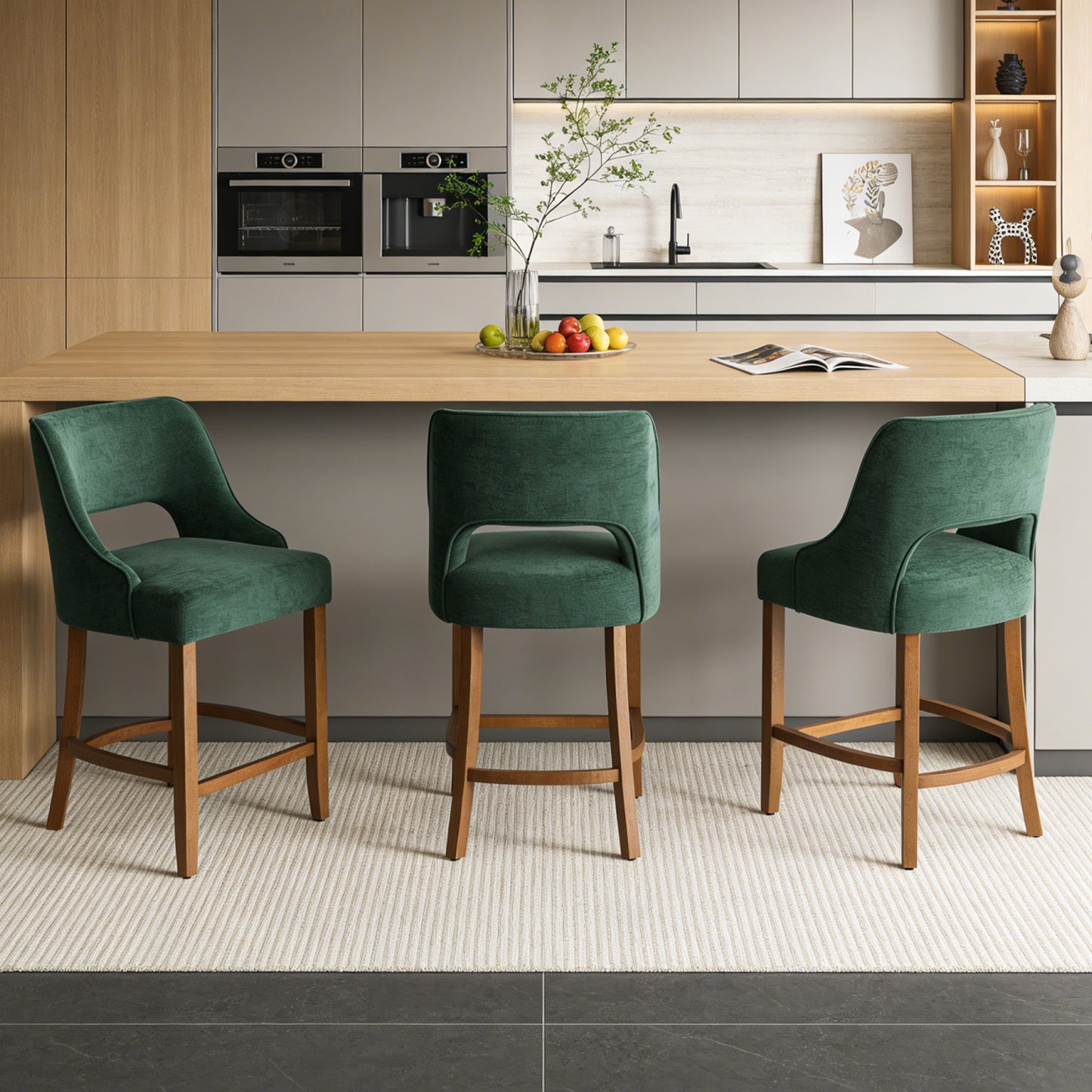 27" Counter Height Bar Stools,  Upholstered Bar Stools With Black Curved Footrest， Modern Counter Stools with Back for Kitchen Island