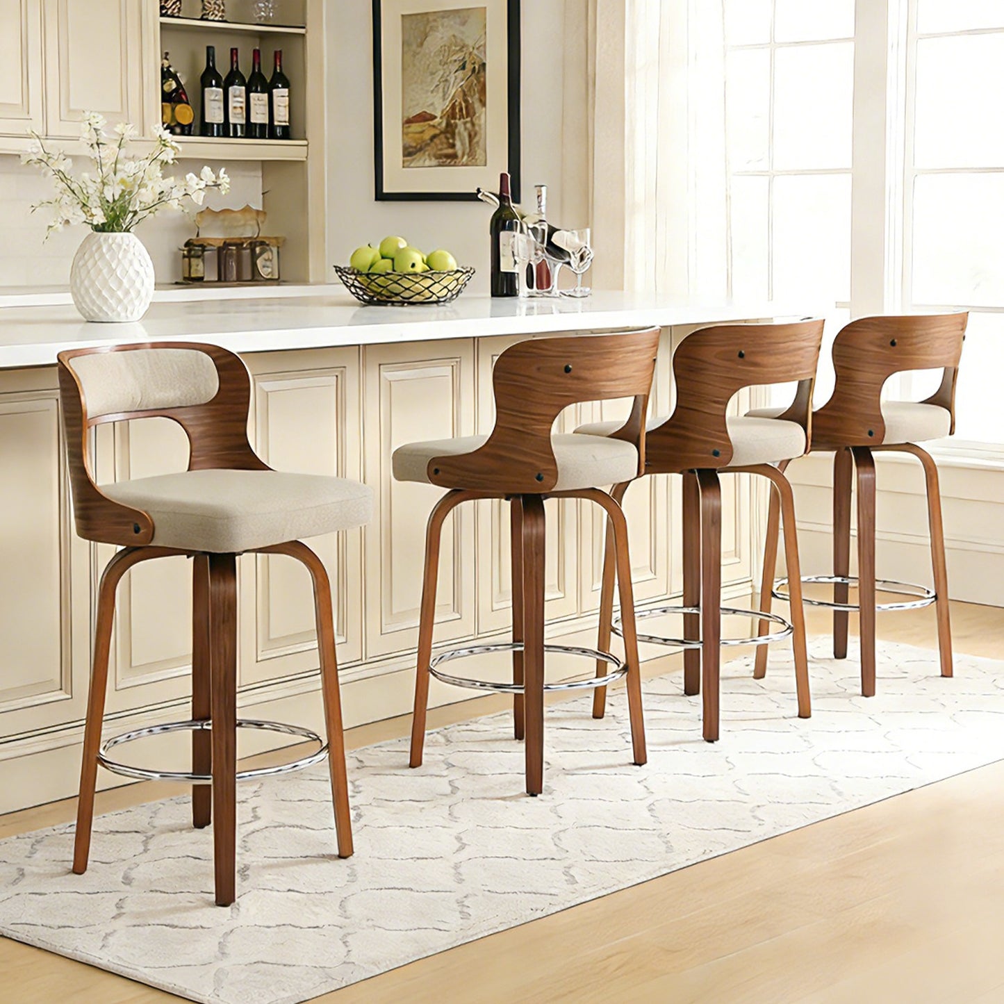 27 inch Swivel Counter Height Bar Stools, PU Leather Seat with Bentwood Legs and Metal Silver Ring for Kitchen Island
