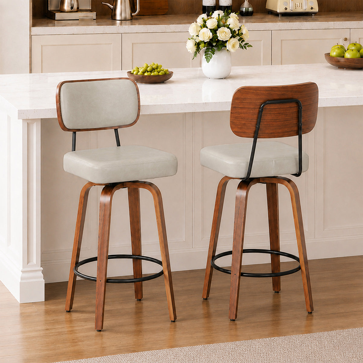 CRERIYO 360° Swivel Counter Height Bar Stools Set of 2, PU Leather Upholstered Bar Chairs with Bentwood Legs and Backrest for Kitchen Island, White