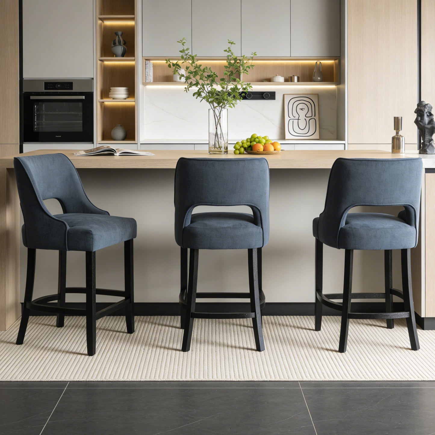 27" Counter Height Bar Stools,  Upholstered Bar Stools With Black Curved Footrest， Modern Counter Stools with Back for Kitchen Island