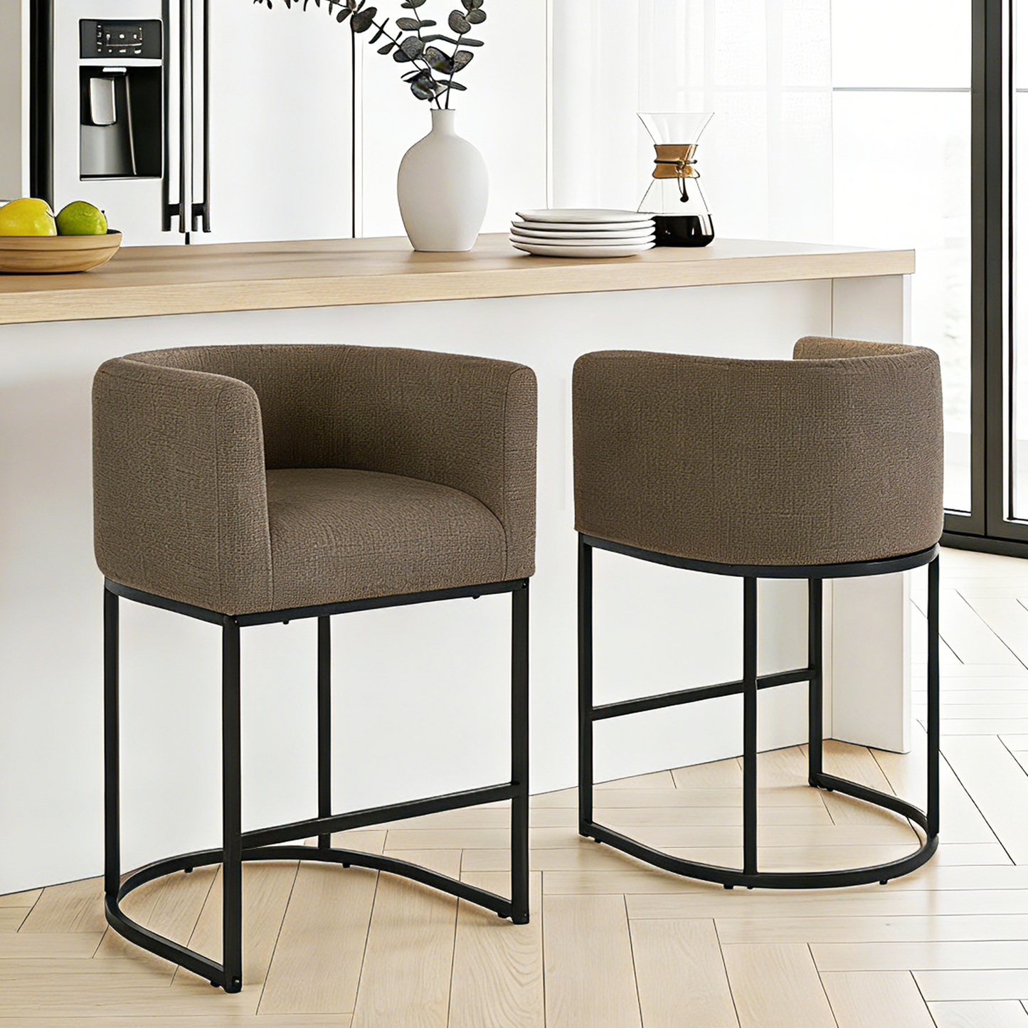 ClinQ Counter Height Bar Stool Set of 2, 26 in Fabric Upholstered Seat, Metal Legs for Indoor Dining Room and Kitchen Island