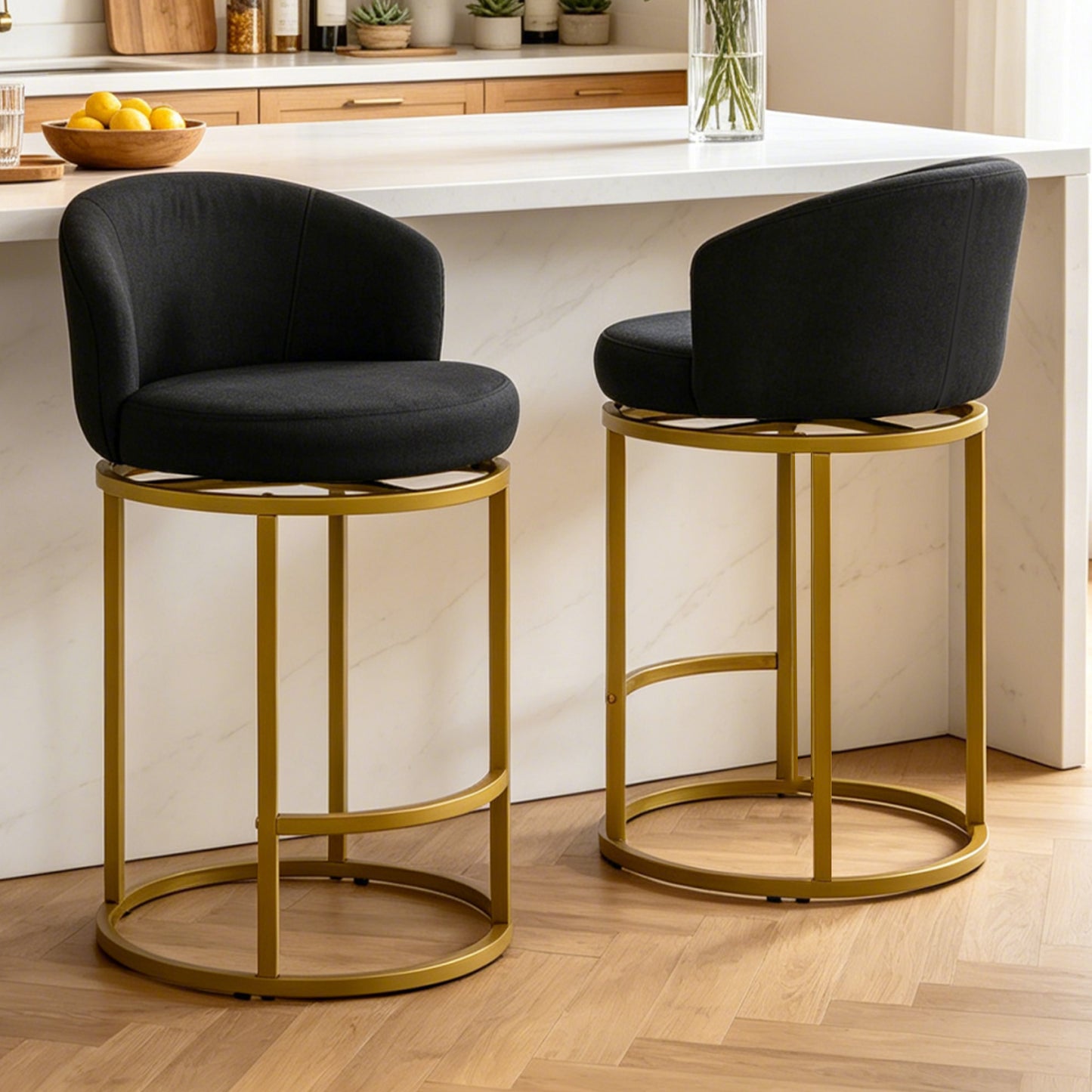 ClinQ Swivel Counter Height Bar Stools , Fabric Upholstered Barrel Bar Chairs with Auto Return, Curved Back and Black Metal Frame