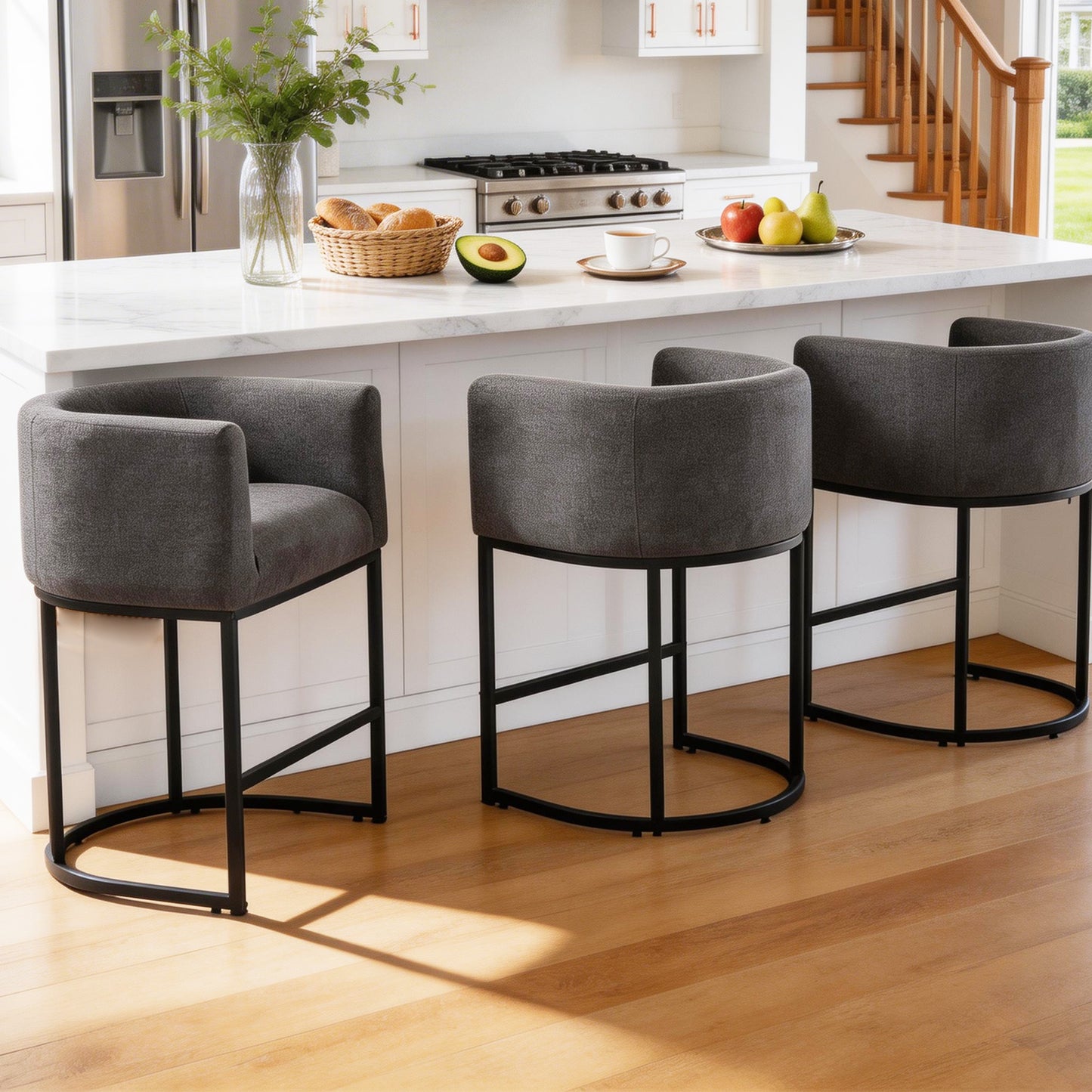 27 in Counter Height Bar Stools, Fabric Upholstered Modern Barrel Accent Stools with Metal Frame