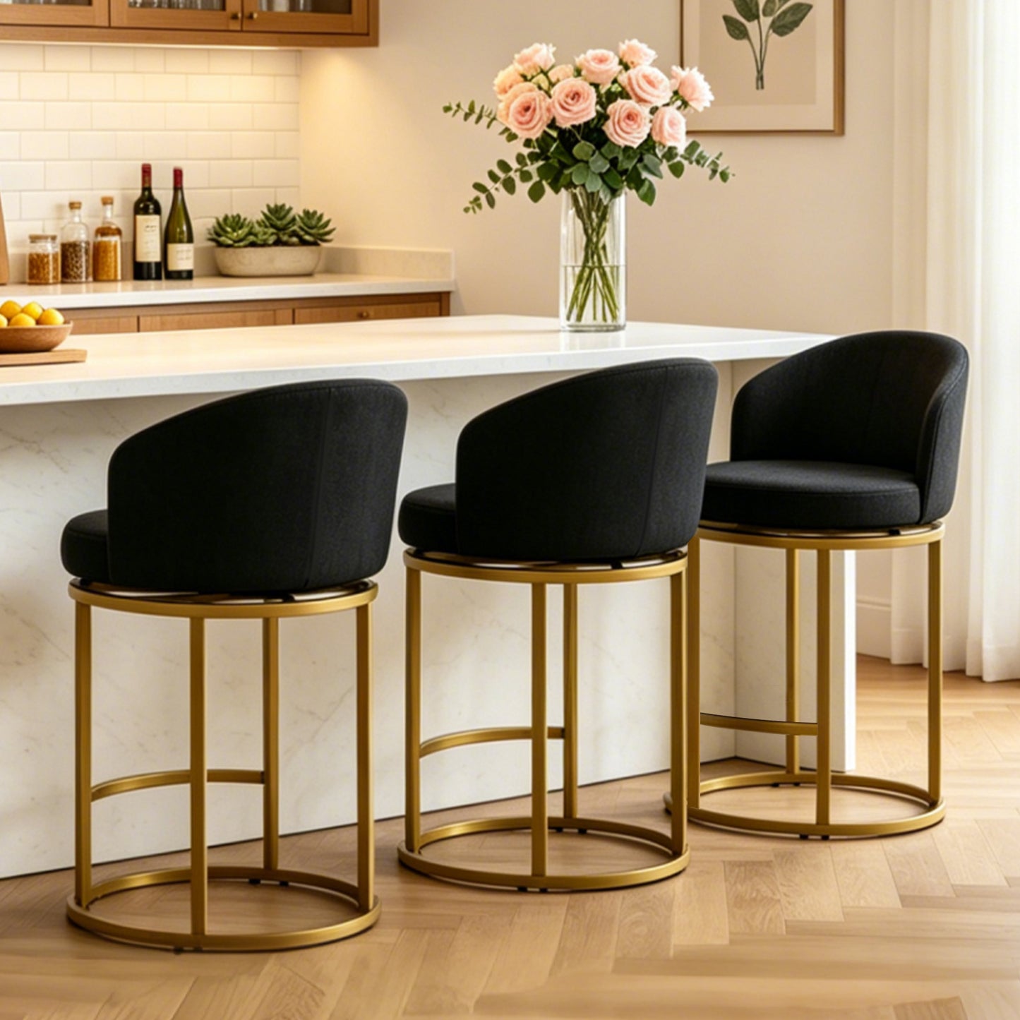 ClinQ Swivel Counter Height Bar Stools , Fabric Upholstered Barrel Bar Chairs with Auto Return, Curved Back and Black Metal Frame