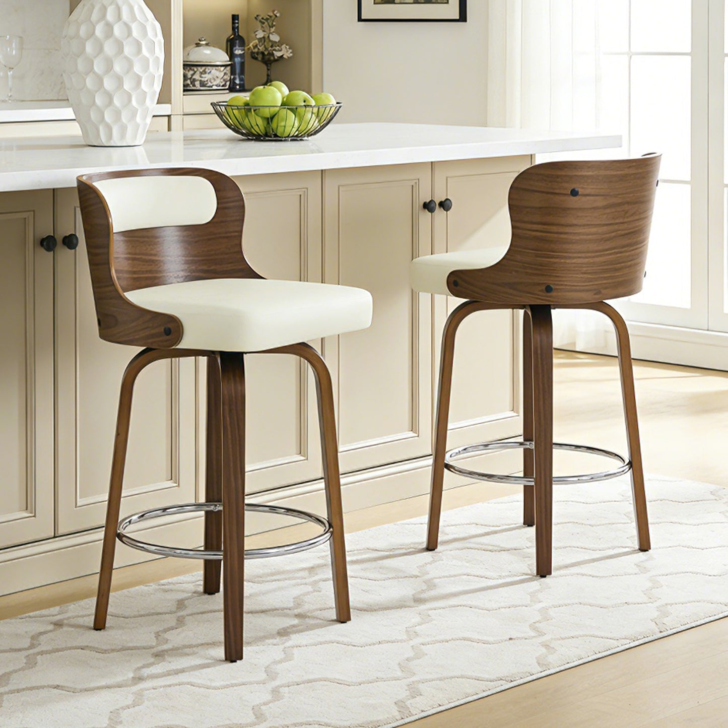 27 inch Swivel Counter Height Bar Stools, PU Leather Seat with Bentwood Legs and Metal Silver Ring for Kitchen Island