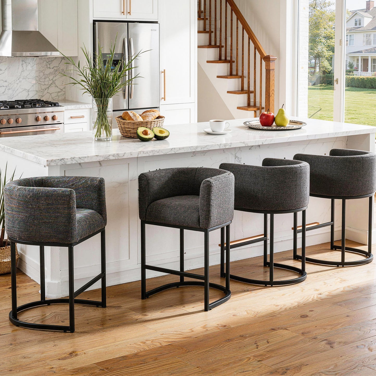 27 in Counter Height Bar Stools, Fabric Upholstered Modern Barrel Accent Stools with Metal Frame