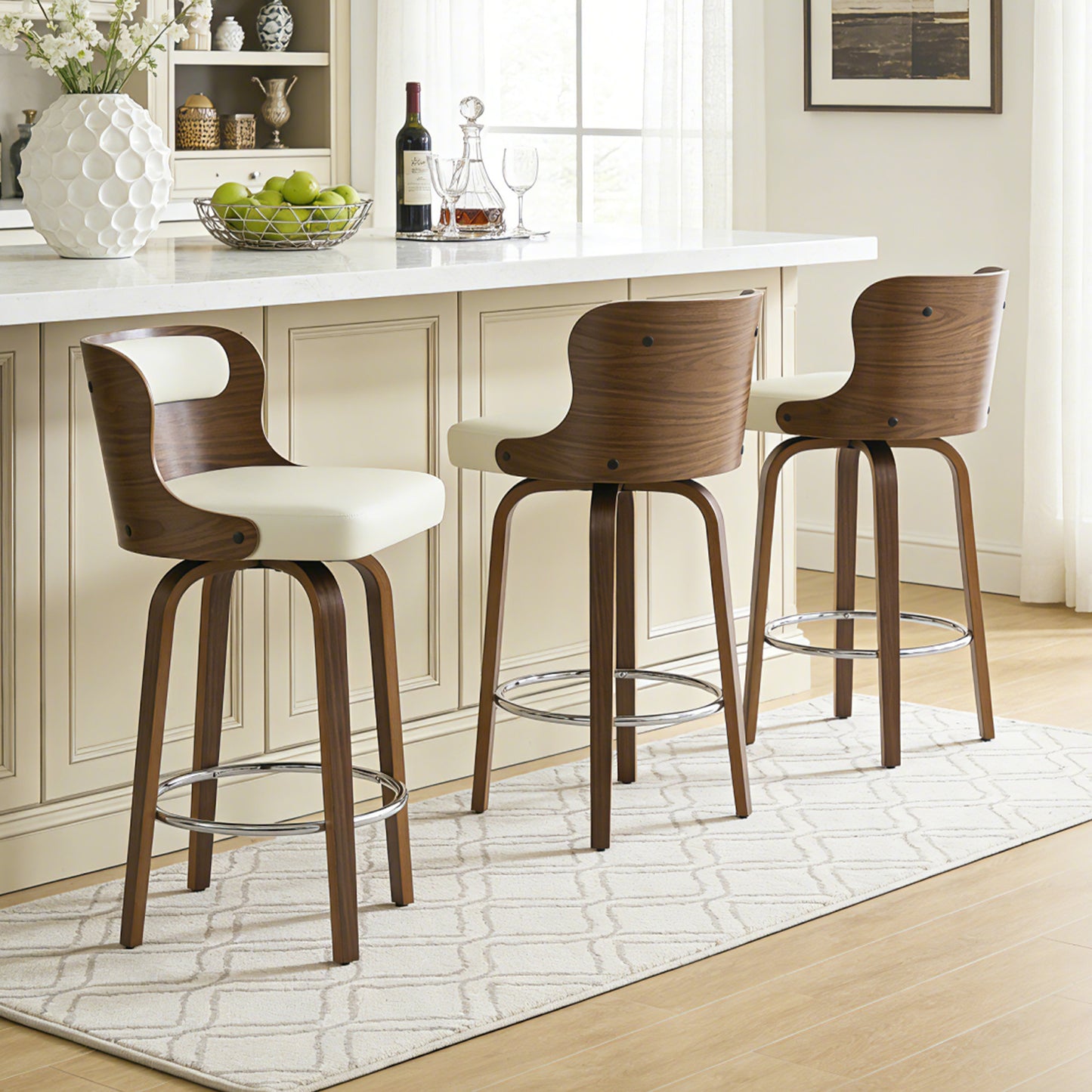 27 inch Swivel Counter Height Bar Stools, PU Leather Seat with Bentwood Legs and Metal Silver Ring for Kitchen Island
