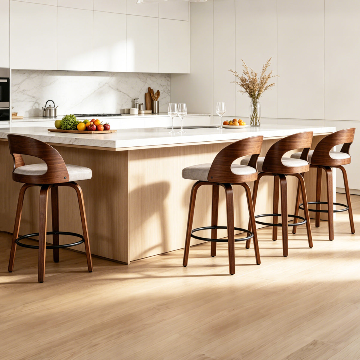 FANCROU Modern 360° Swivel Bar Stools Set of 2, Faux Leather Counter Height Bar Chairs with Backrest and Walnut Wood Legs