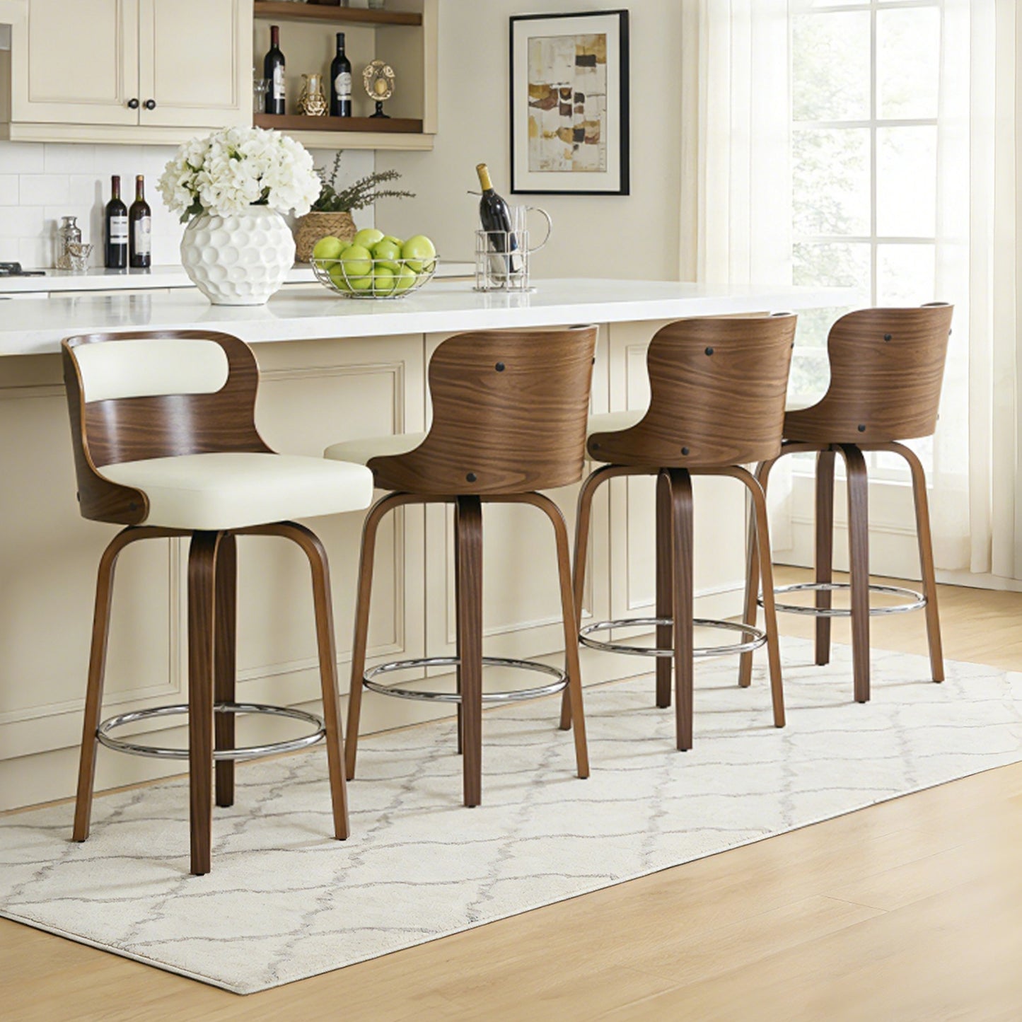 27 inch Swivel Counter Height Bar Stools, PU Leather Seat with Bentwood Legs and Metal Silver Ring for Kitchen Island