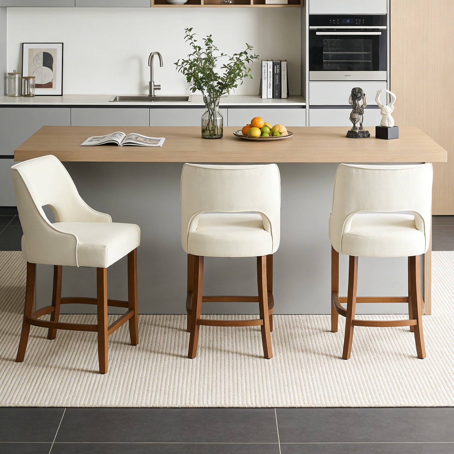 27" Counter Height Bar Stools,  Upholstered Bar Stools With Black Curved Footrest， Modern Counter Stools with Back for Kitchen Island