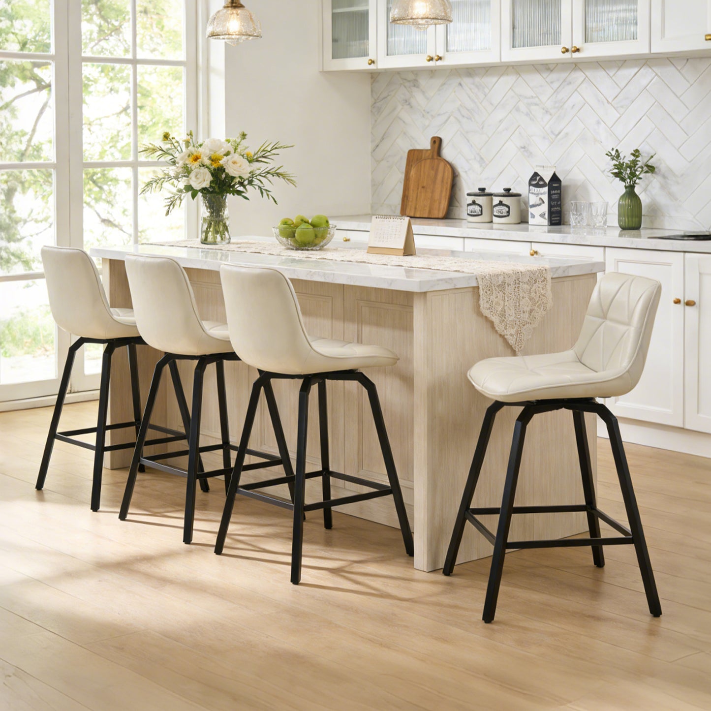 ClinQ 26 inch Swivel Counter Height Bar Stool Set of 3, Faux Leather Seat with Metal Legs and Back