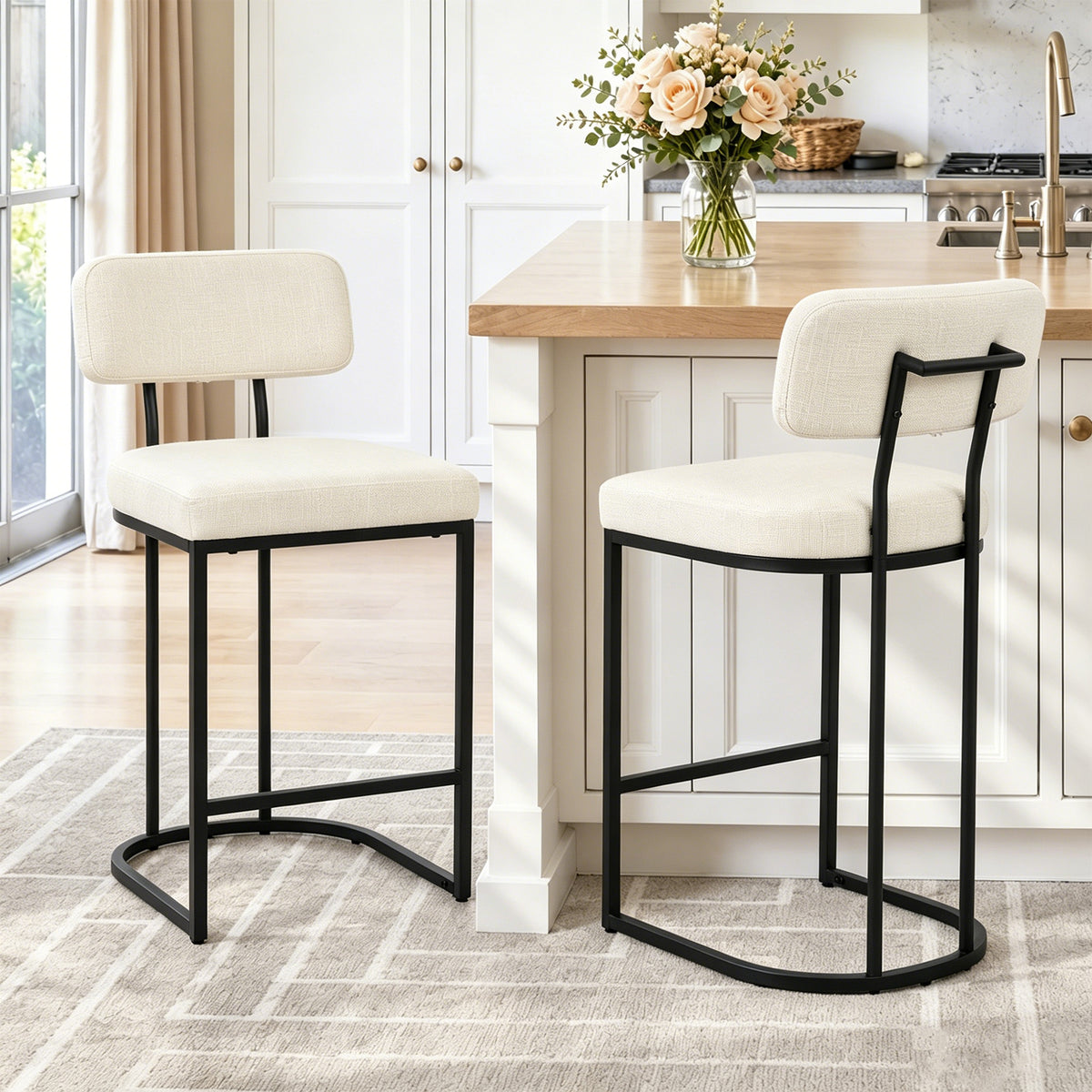 CRERIYO Counter Height Bar Stool Set of 1, Upholstered Kitchen Island Chair with Thick Padded Seats, Backrests and Sturdy Metal Frame