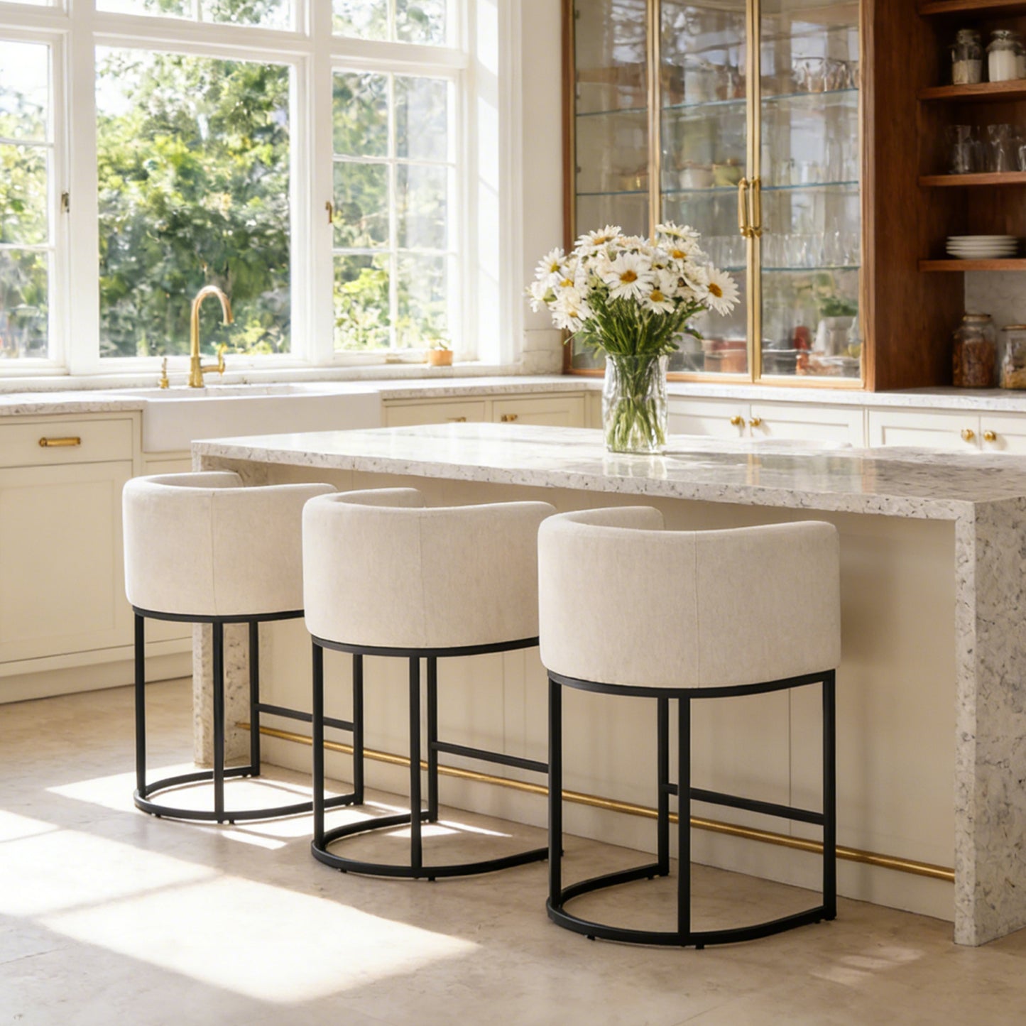 ClinQ Counter Height Bar Stool Set of 2, 26 in Fabric Upholstered Seat, Metal Legs for Indoor Dining Room and Kitchen Island
