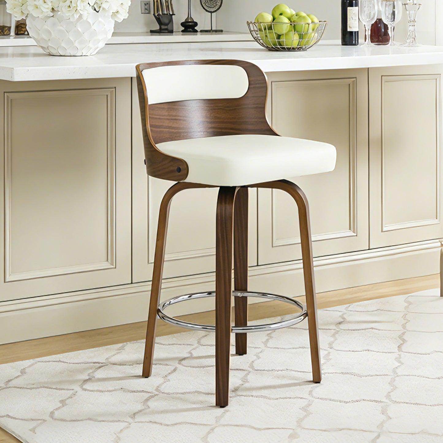 27 inch Swivel Counter Height Bar Stools, PU Leather Seat with Bentwood Legs and Metal Silver Ring for Kitchen Island