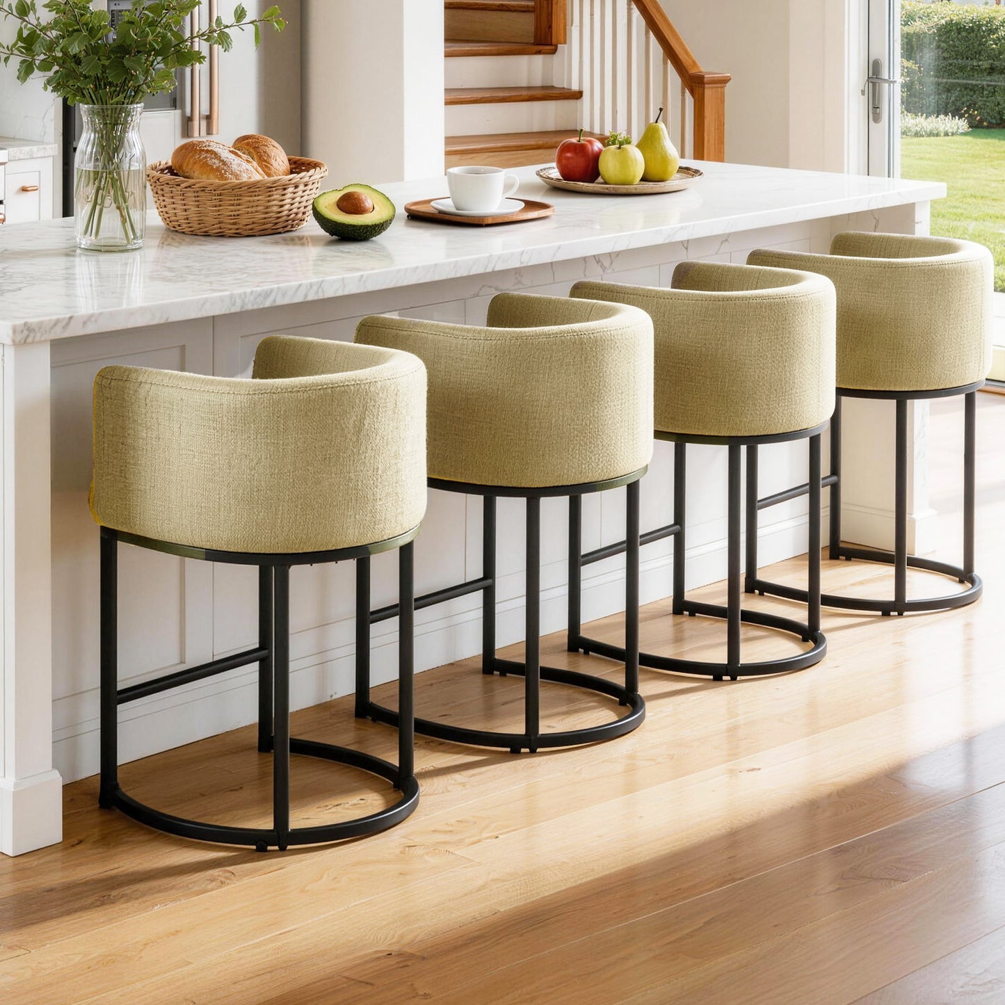 27 in Counter Height Bar Stools, Fabric Upholstered Modern Barrel Accent Stools with Metal Frame