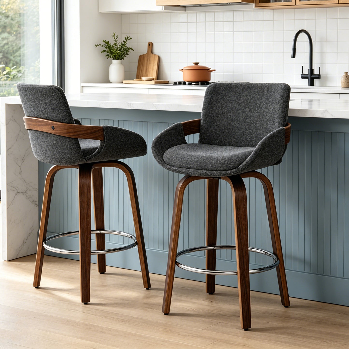 ClinQ Counter Height Swivel Bar Stools, Linen Fabric Upholstered 360° Rotating Chairs with Walnut Legs and Metal Footrest,