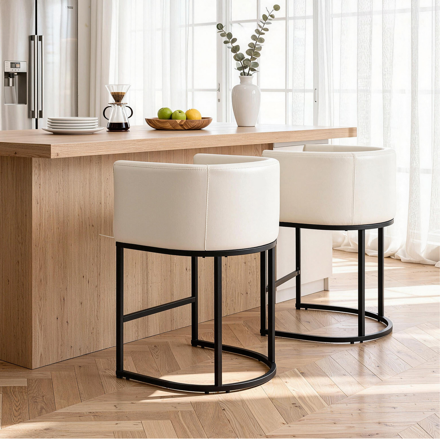FANCROU 26" H Counter Height Bar Stools Set of 1, Fabric Barrel Stools with Back and Arms