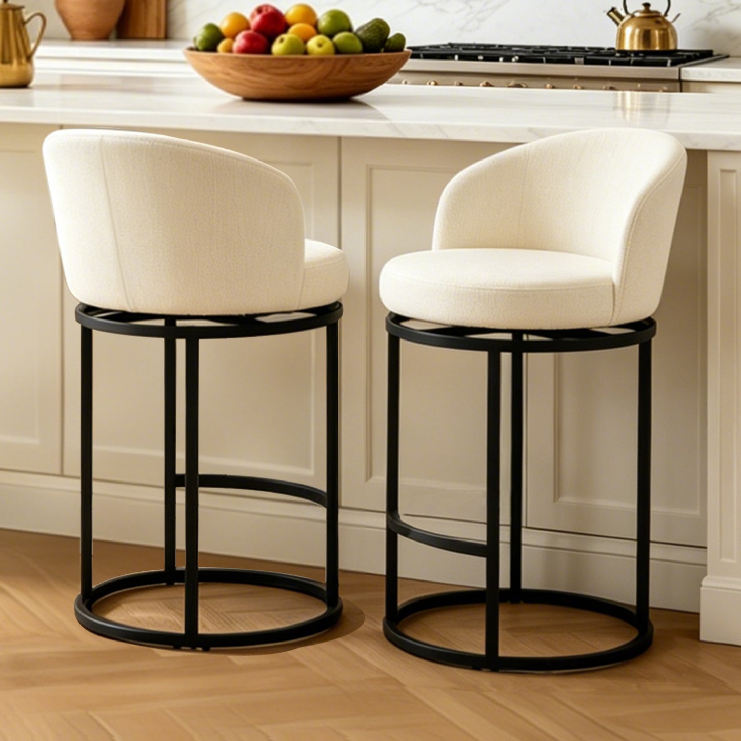 27" Counter Height Bar Stools, Fabric Upholstered Swivel Barrel Bar Chairs with 90° Auto Return and Metal Frame, Black
