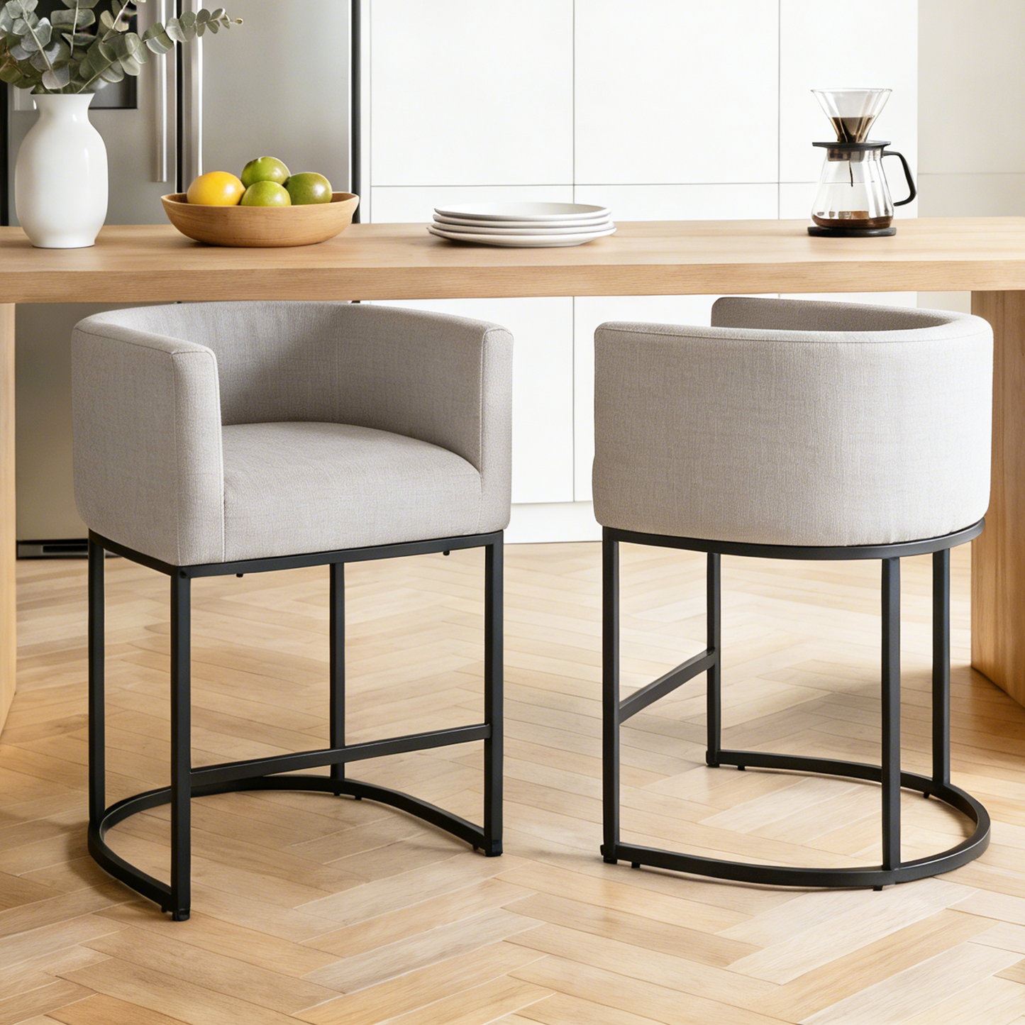 ClinQ Counter Height Bar Stool Set of 2, 26 in Fabric Upholstered Seat, Metal Legs for Indoor Dining Room and Kitchen Island