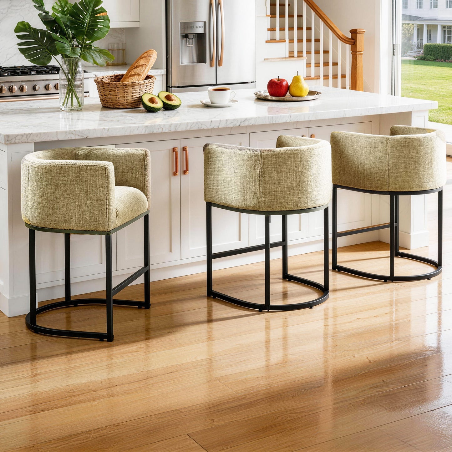 27 in Counter Height Bar Stools, Fabric Upholstered Modern Barrel Accent Stools with Metal Frame
