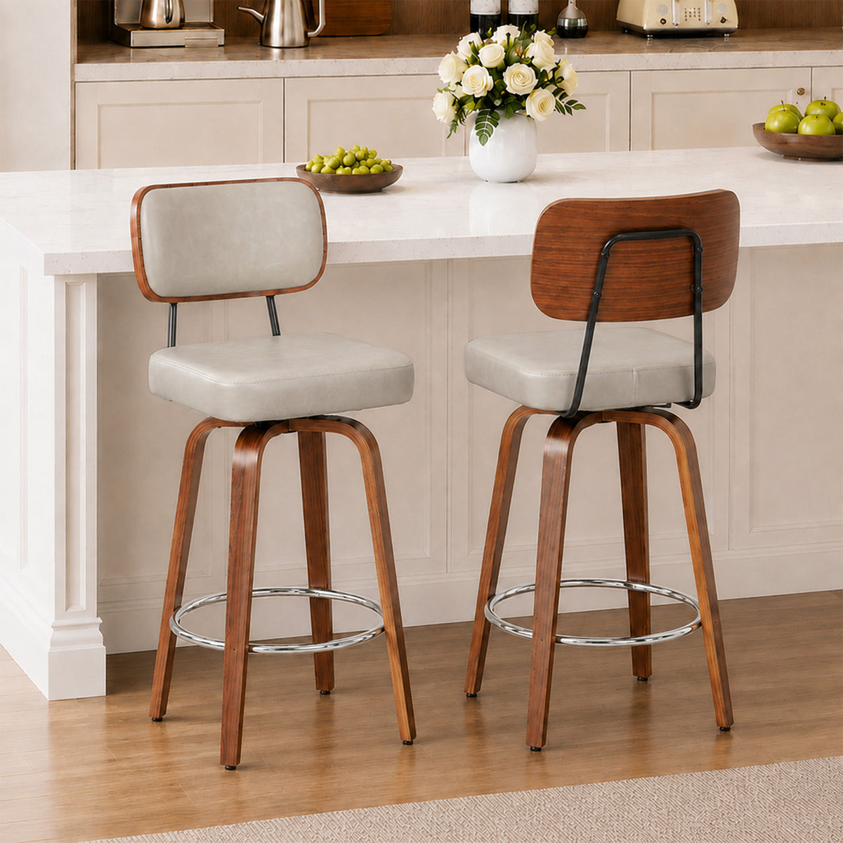 CRERIYO 360° Swivel Counter Height Bar Stools Set of 2, PU Leather Upholstered Bar Chairs with Bentwood Legs and Backrest for Kitchen Island, White