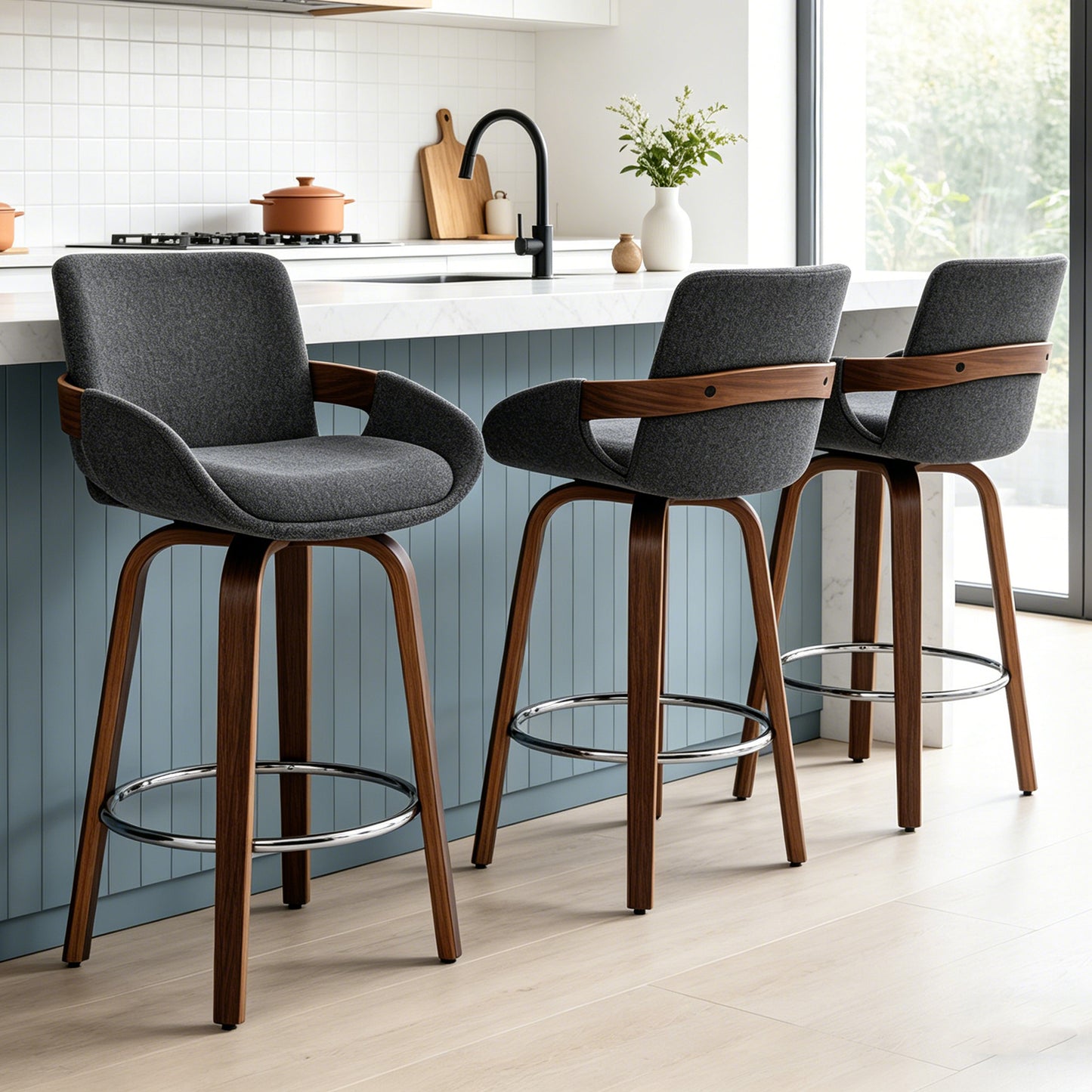 ClinQ Counter Height Swivel Bar Stools, Linen Fabric Upholstered 360° Rotating Chairs with Walnut Legs and Metal Footrest,