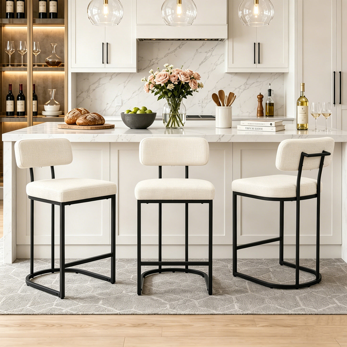 CRERIYO Counter Height Bar Stool Set of 1, Upholstered Kitchen Island Chair with Thick Padded Seats, Backrests and Sturdy Metal Frame