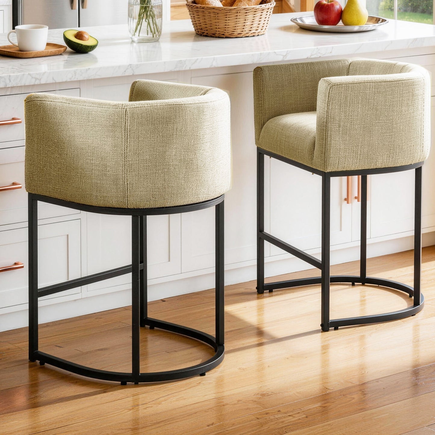 27 in Counter Height Bar Stools, Fabric Upholstered Modern Barrel Accent Stools with Metal Frame
